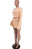 Light Green Fashion New Women's Long Sleeve O Collar Tops Split Skirts Solid Color Sets LY050-4