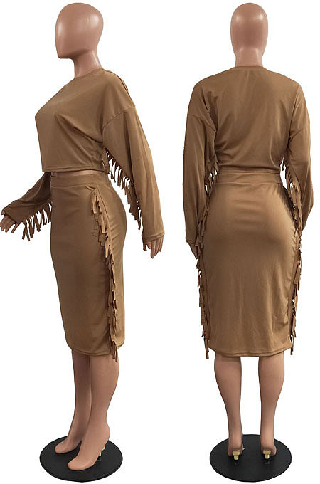 Yellow Simple Women,s Preppy Long Sleeve Loose Tops High Waist Wrap Skirts Plain Color Tassel Sets H1750-2