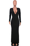 Wine Red Sexy Women's Ribber Long Sleeve Deep V Neck Collect Waist Plain Color For Party Maix Dress LY051-3