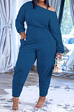 Blue Fashion Preppy Cotton Long Sleeve Oblique Shoulder Loose Tops Skinny Pants Casual Sets H1743-6