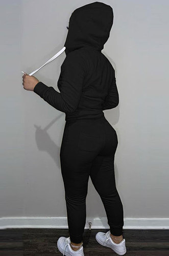 SUPER WHOLESALE | Black Wholesale Sports Women Long Sleeve Zipper Hoodie Bodycon Pants Solid Color Sets LML273-1