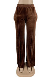 Dark Brown Simple Luxe Velvet Pure Color Casual Wide Leg Pants DN8638-1