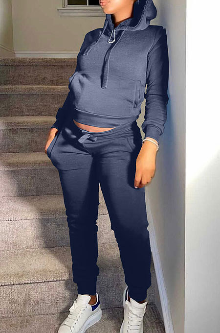 Navy Blue Autumn Winter New Velvet Long Sleeve Hoodie Trousers Plain Color Sports Sets LML274-7