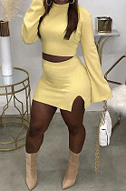 Light Yellow Fashion New Women's Long Sleeve O Collar Tops Split Skirts Solid Color Sets LY050-5