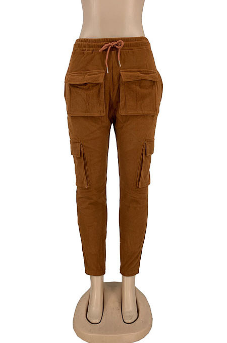 Yellow Modest New Double-Sided Velvet Solid Pocket Cargo Pants DN8637-1