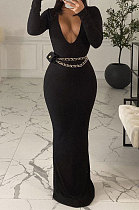 Black Sexy Women's Ribber Long Sleeve Deep V Neck Collect Waist Plain Color For Party Maix Dress LY051-2