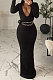 Black Sexy Women's Ribber Long Sleeve Deep V Neck Collect Waist Plain Color For Party Maix Dress LY051-2