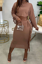 Brown Simple Women,s Preppy Long Sleeve Loose Tops High Waist Wrap Skirts Plain Color Tassel Sets H1750-3