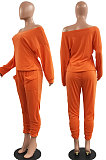Red Fashion Preppy Cotton Long Sleeve Oblique Shoulder Loose Tops Skinny Pants Casual Sets H1743 -1