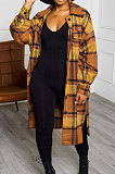 Yellow New Luxe Plaid Woolen Cloth Long Sleeve Lapel Neck Single-Breasted Long Jacket Coat H1749-2