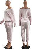 Pink Fashion Preppy Cotton Long Sleeve Oblique Shoulder Loose Tops Skinny Pants Casual Sets H1743-5