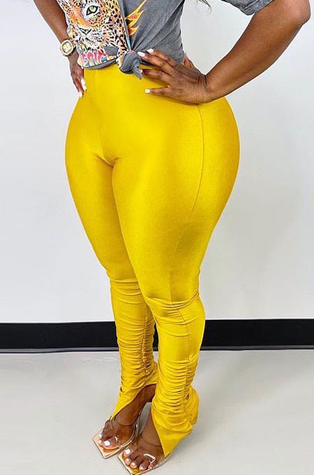Yellow Modest New Pure Color Hem Slit Skinny Pants H1752 