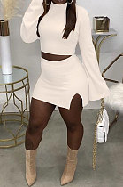 White Fashion New Women's Long Sleeve O Collar Tops Split Skirts Solid Color Sets LY050-1