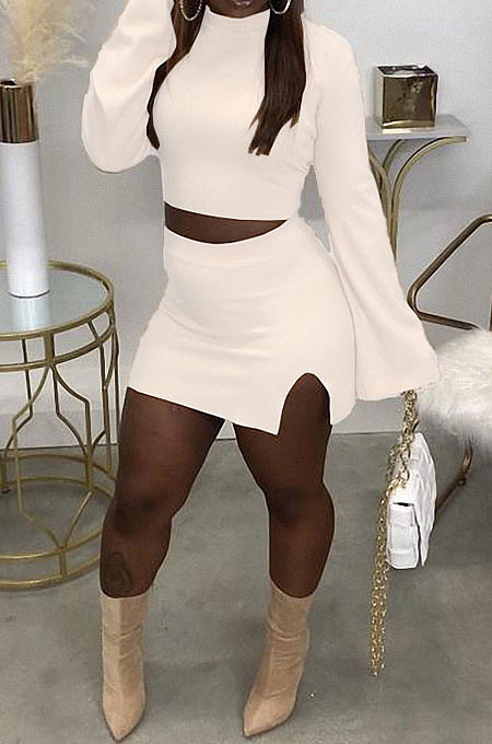 White Fashion New Women's Long Sleeve O Collar Tops Split Skirts Solid Color Sets LY050-1