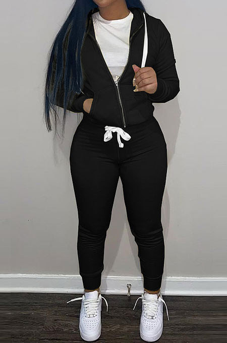 SUPER WHOLESALE | Black Wholesale Sports Women Long Sleeve Zipper Hoodie Bodycon Pants Solid Color Sets LML273-1