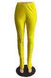 Yellow Modest New Pure Color Hem Slit Skinny Pants H1752 