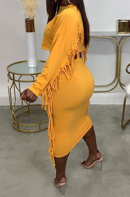 Brown Simple Women,s Preppy Long Sleeve Loose Tops High Waist Wrap Skirts Plain Color Tassel Sets H1750-3