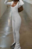 White Grey Luxe Casual Cotton Blend Long Sleeve U Neck Backless Collect Waist Jumpsuits DN8636-2