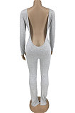 Black Luxe Casual Cotton Blend Long Sleeve U Neck Backless Collect Waist Jumpsuits DN8636-1