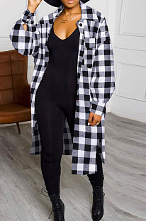 Grey New Luxe Plaid Woolen Cloth Long Sleeve Lapel Neck Single-Breasted Long Jacket Coat H1749-3