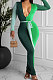 Green Sexy Matching Color Long Sleeve Deep V Collar With Beltband Slim Fitting Long Dress LY048-1