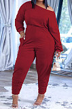 Wine Red Fashion Preppy Cotton Long Sleeve Oblique Shoulder Loose Tops Skinny Pants Casual Sets H1743-2