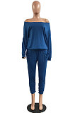 Pink Fashion Preppy Cotton Long Sleeve Oblique Shoulder Loose Tops Skinny Pants Casual Sets H1743-5