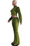 Green Luxe Casual Women's Puff Sleeve High Neck Crop Tops Flare Pants Fashion Sets H1753 