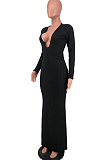 Wine Red Sexy Women's Ribber Long Sleeve Deep V Neck Collect Waist Plain Color For Party Maix Dress LY051-3