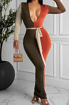 Orange Sexy Matching Color Long Sleeve Deep V Collar With Beltband Slim Fitting Long Dress LY048-4