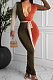 Orange Sexy Matching Color Long Sleeve Deep V Collar With Beltband Slim Fitting Long Dress LY048-4