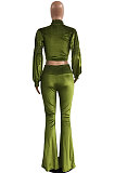 Green Luxe Casual Women's Puff Sleeve High Neck Crop Tops Flare Pants Fashion Sets H1753 