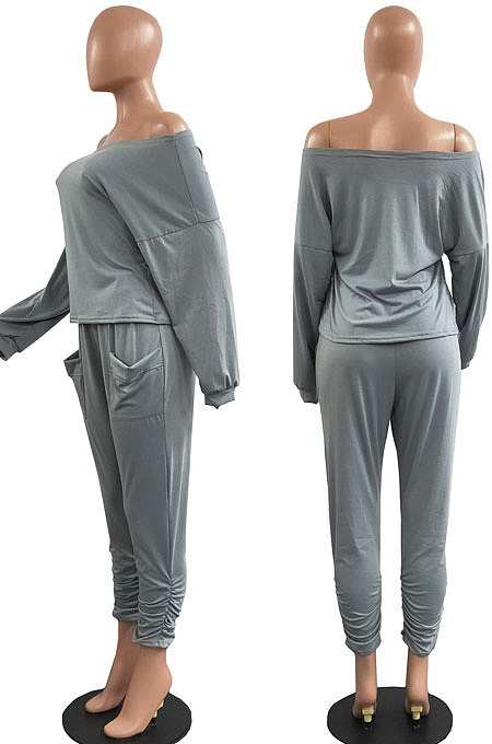 Black Fashion Preppy Cotton Long Sleeve Oblique Shoulder Loose Tops Skinny Pants Casual Sets H1743-3