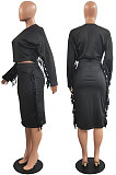 Yellow Simple Women,s Preppy Long Sleeve Loose Tops High Waist Wrap Skirts Plain Color Tassel Sets H1750-2