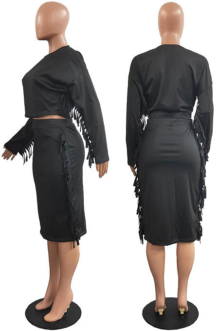 Brown Simple Women,s Preppy Long Sleeve Loose Tops High Waist Wrap Skirts Plain Color Tassel Sets H1750-3
