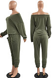 Black Fashion Preppy Cotton Long Sleeve Oblique Shoulder Loose Tops Skinny Pants Casual Sets H1743-3