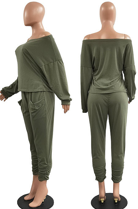 Black Fashion Preppy Cotton Long Sleeve Oblique Shoulder Loose Tops Skinny Pants Casual Sets H1743-3