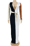 Green Sexy Matching Color Long Sleeve Deep V Collar With Beltband Slim Fitting Long Dress LY048-1