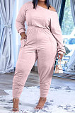 Red Fashion Preppy Cotton Long Sleeve Oblique Shoulder Loose Tops Skinny Pants Casual Sets H1743 -1