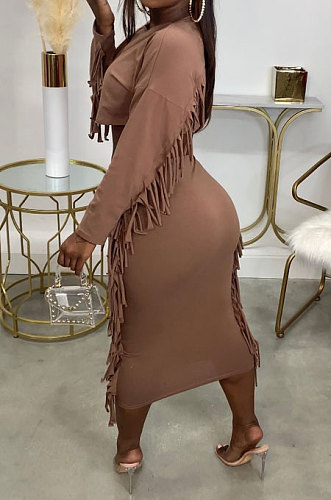 Brown Simple Women,s Preppy Long Sleeve Loose Tops High Waist Wrap Skirts Plain Color Tassel Sets H1750-3