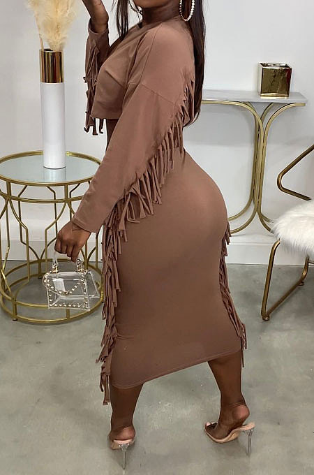 Brown Simple Women,s Preppy Long Sleeve Loose Tops High Waist Wrap Skirts Plain Color Tassel Sets H1750-3