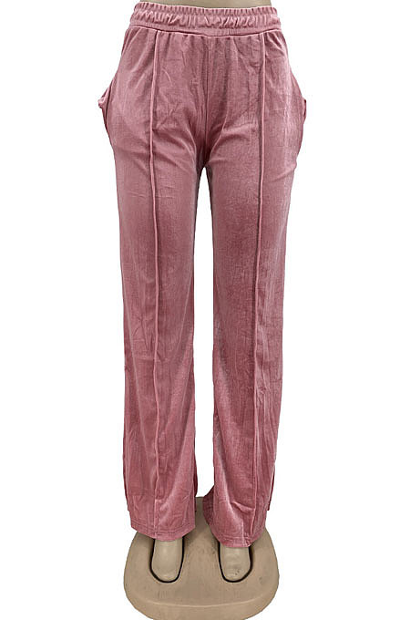 Pink Simple Luxe Velvet Pure Color Casual Wide Leg Pants DN8638-4