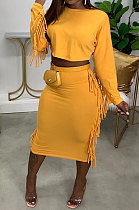 Yellow Simple Women,s Preppy Long Sleeve Loose Tops High Waist Wrap Skirts Plain Color Tassel Sets H1750-2