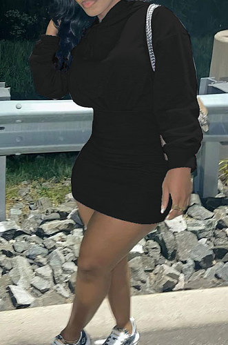 Black Wholesale Cotton Preppy Long Sleeve Hoodie Mini Dress DN8639-3