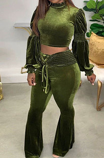 Green Luxe Casual Women's Puff Sleeve High Neck Crop Tops Flare Pants Fashion Sets H1753 
