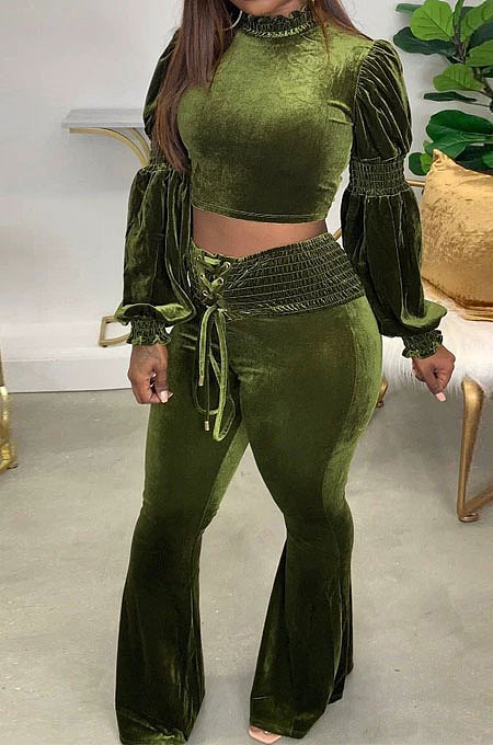 Green Luxe Casual Women's Puff Sleeve High Neck Crop Tops Flare Pants Fashion Sets H1753 