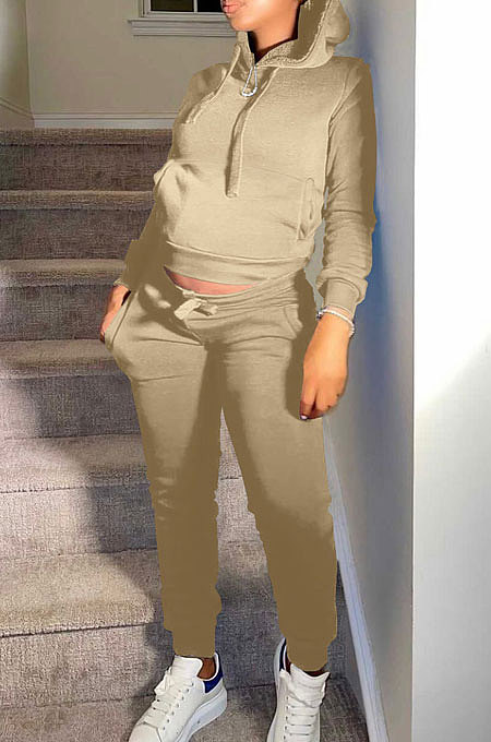 Khaki Autumn Winter New Velvet Long Sleeve Hoodie Trousers Plain Color Sports Sets LML274-5