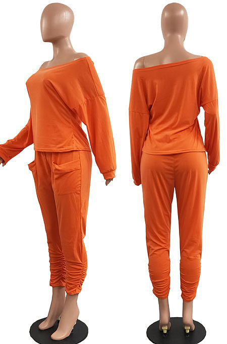 Black Fashion Preppy Cotton Long Sleeve Oblique Shoulder Loose Tops Skinny Pants Casual Sets H1743-3
