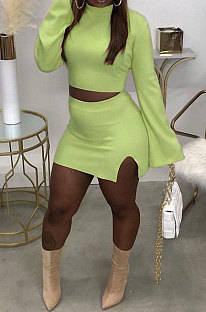 Light Green Fashion New Women's Long Sleeve O Collar Tops Split Skirts Solid Color Sets LY050-4