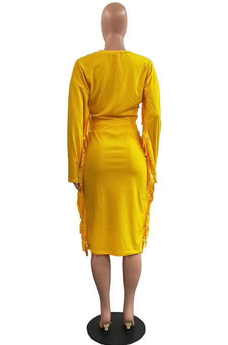 Brown Simple Women,s Preppy Long Sleeve Loose Tops High Waist Wrap Skirts Plain Color Tassel Sets H1750-3